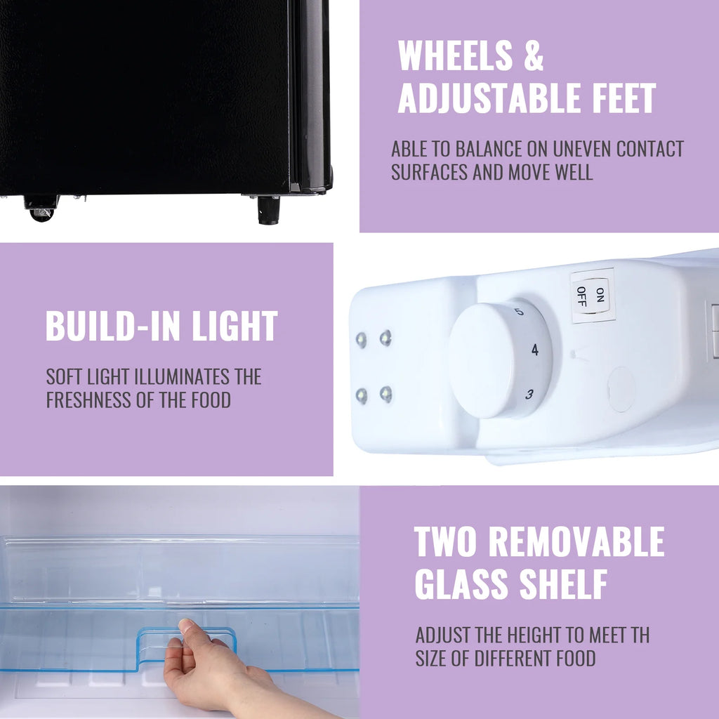 DEMULLER Mini Fridge with Freezer Compact Retro Refrigerator Dual Door Black-YX-100 19 inches Wide