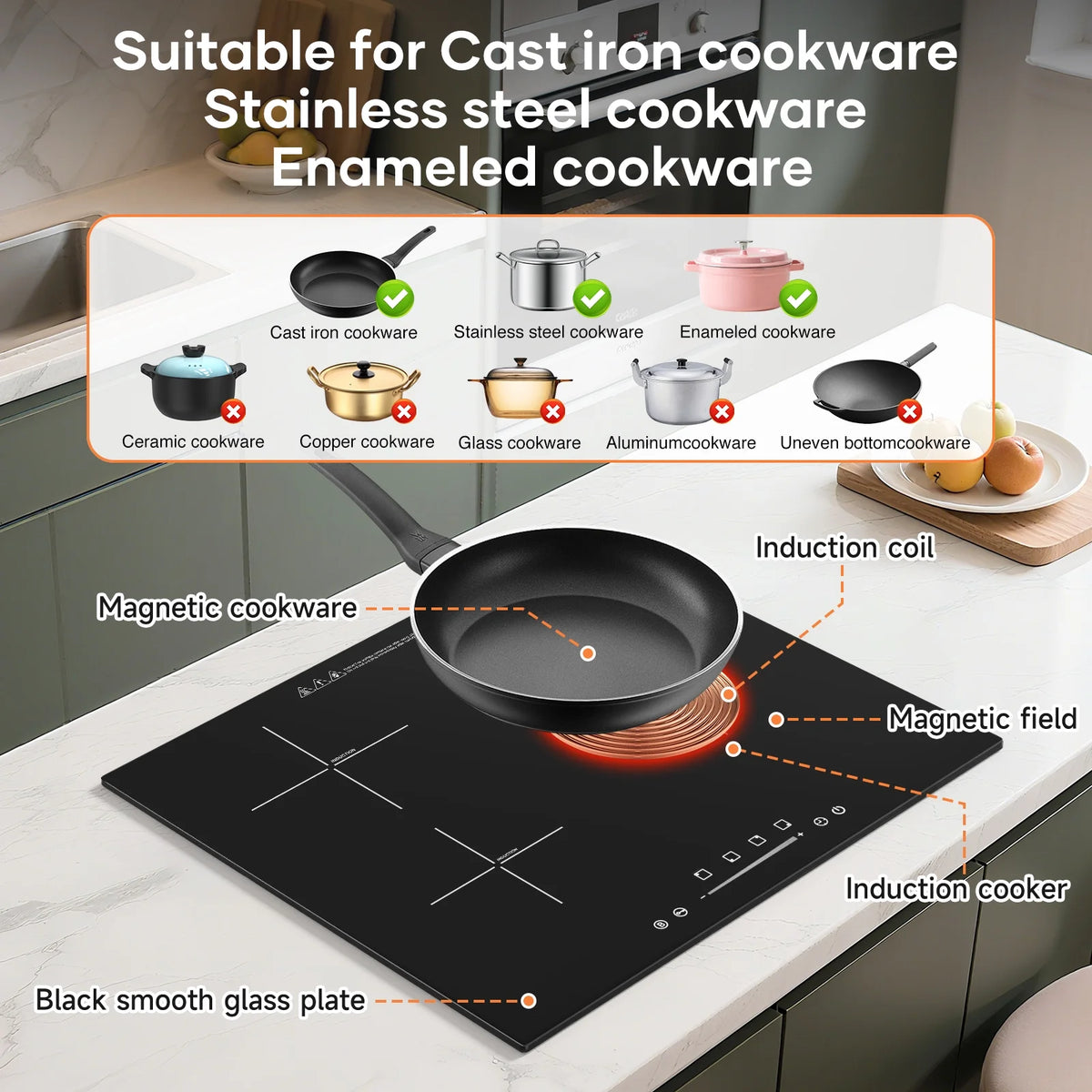VoltCuisine Double/Dual Induction Cooktop 2 Burner, Shatter-proof Flat Glass Top, 9 Heat Settings, LED Touch Display with Child Safety Lock & Overheat Protection