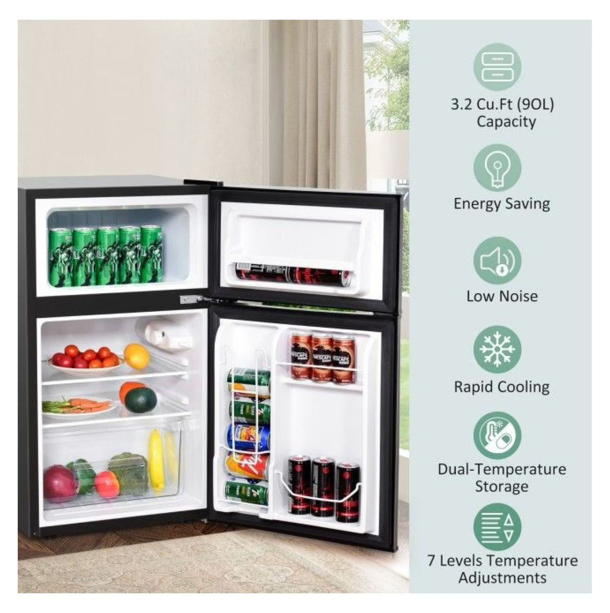 3.2 cu ft Compact Refrigerator - Stainless Steel Mini Fridge with Freezer, Adjustable Thermostat, and Can Dispenser - Ideal for Dorms, Apartments, Wet Bars
