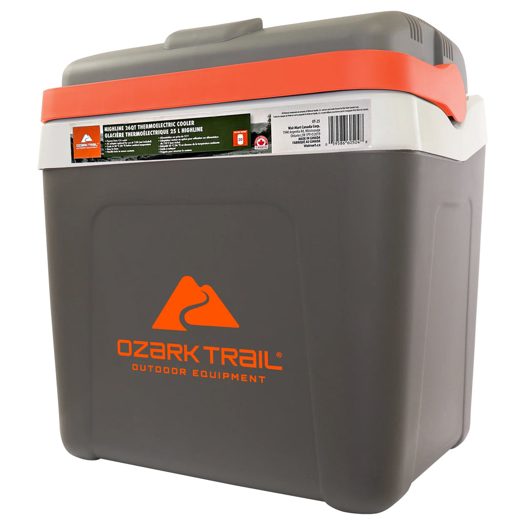 Ozark Trail 26QT electric Cooler 12V Portable Travel Beach Camping Picnic Insulated Cooler 30 Cans Iceless 24L, Grey