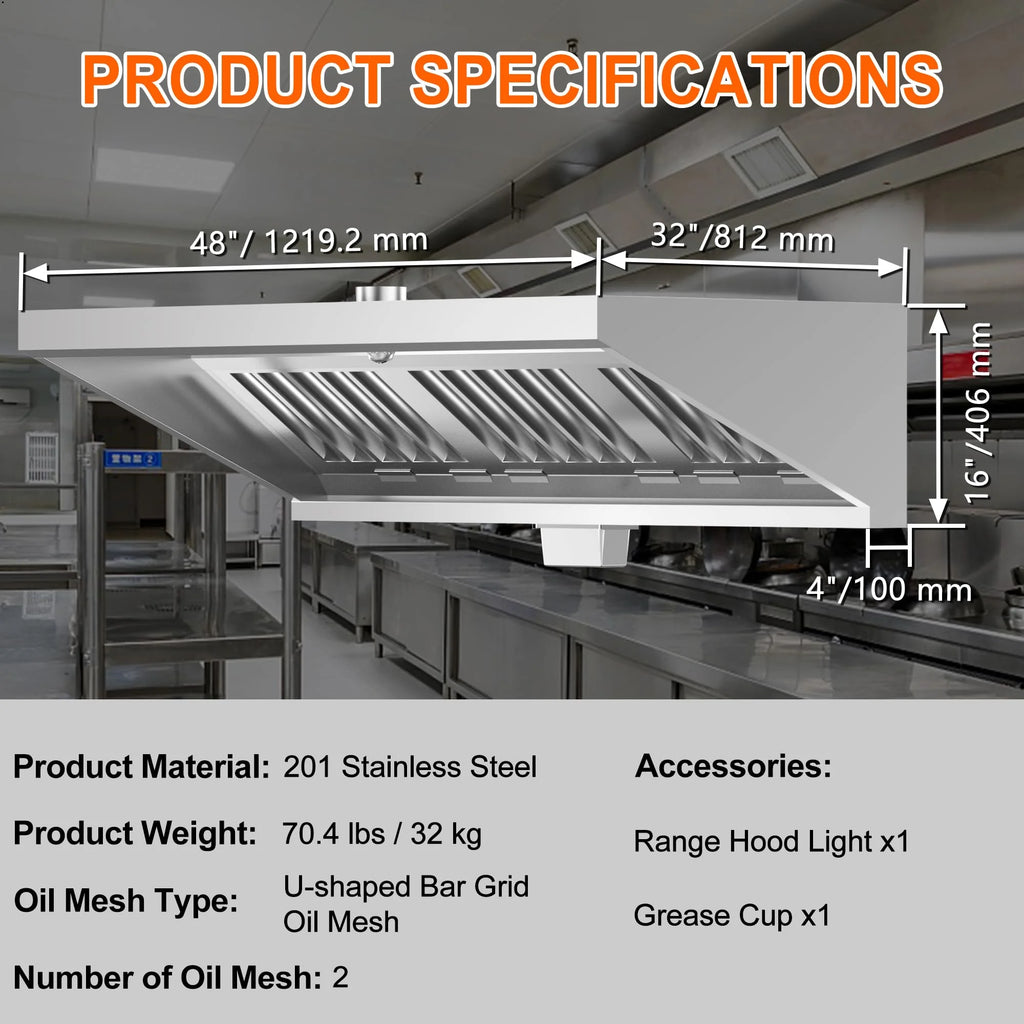 HAN'KITCHEN'LON'S 4FT Stainless Steel Commercial Exhaust Hood for Concession Trailers, featuring 2 Removable Filters, Grease Cup, Hood Light, and Rust Resistance. NSF Listed for Restaurant Use