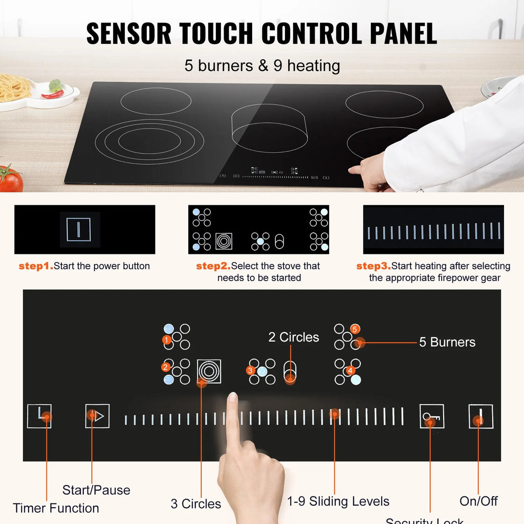 KFFKFF 8600W Electric Ceramic Cooktop, 30" 5 Burners Built-in Countertop Burners Cooker Touch Control, Overheat Protection, Child Lock, 9 Power Levels, 220-240V (NO Plug)