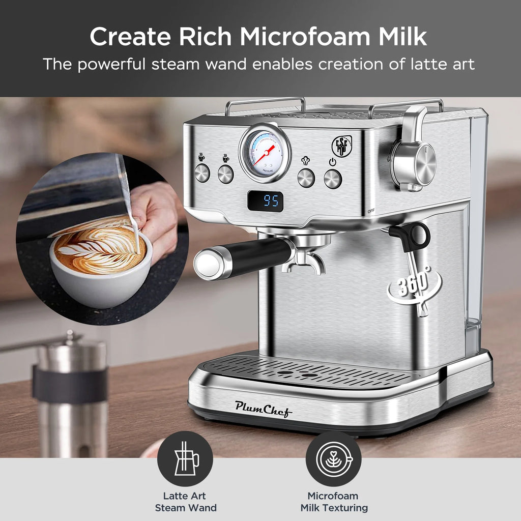 Plum Chef Espresso Machine 20 Bar Coffee Makers, Cappuccino Machine with E.S.E Pod & Pressure Gauge for Home, 1.8L Water Tank, Stainless steel, Silver