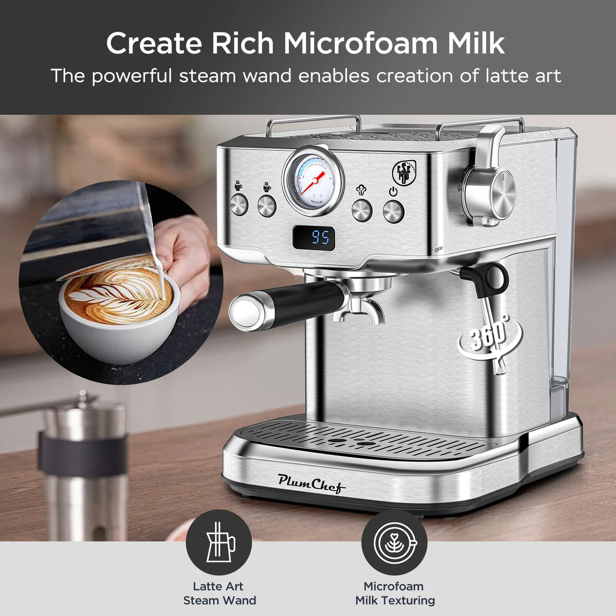Plum Chef Espresso Machine 20 Bar Coffee Makers, Cappuccino Machine with E.S.E Pod & Pressure Gauge for Home, 1.8L Water Tank, Stainless steel, Silver