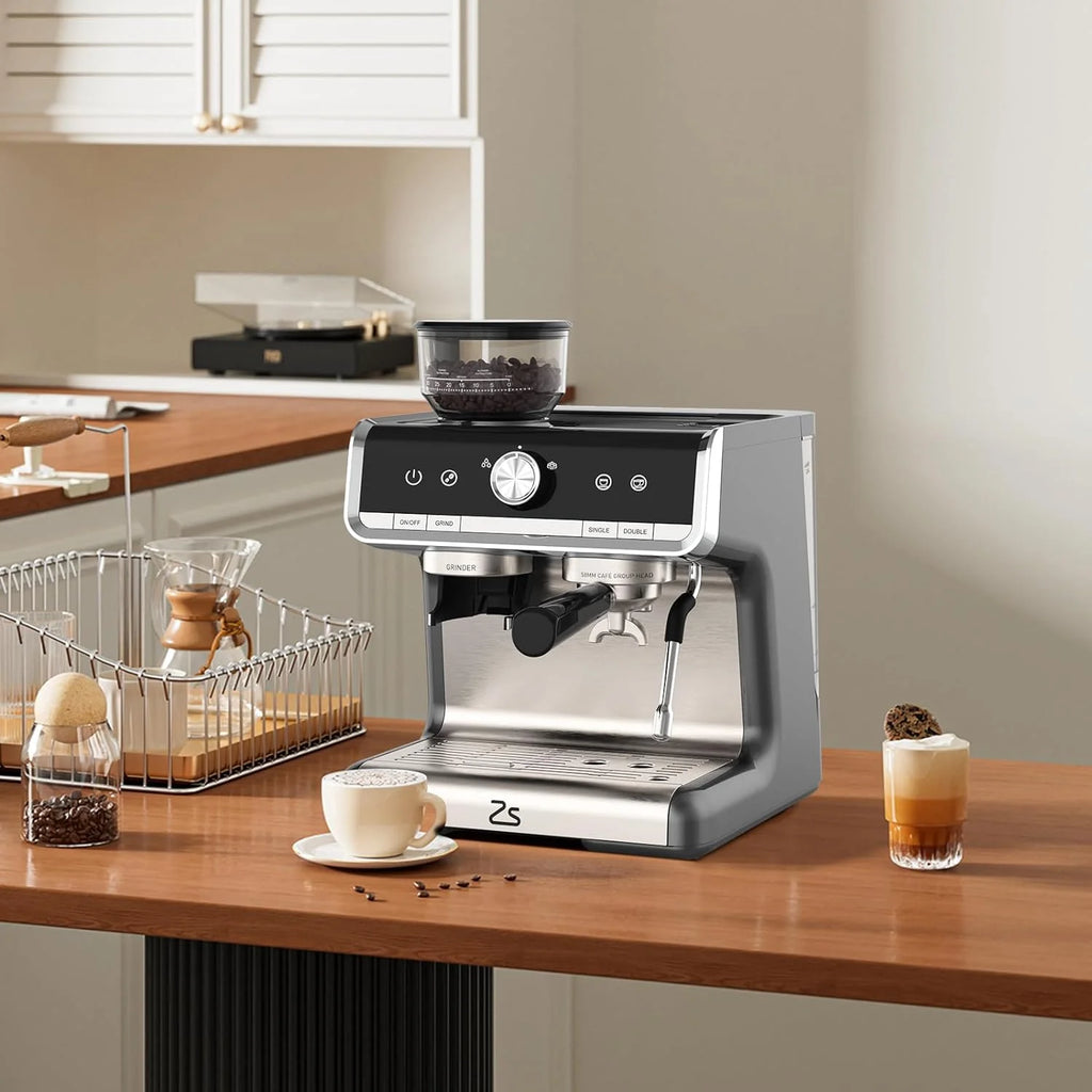 Espresso Coffee Machine with Grinder, 20 Bar Semi-Automatic Espresso Maker with Milk Frother Steamer Wand for Cappuccino, Latte, Macchiato, 2.8 L Water Tank, PID Temperature Control, Silver