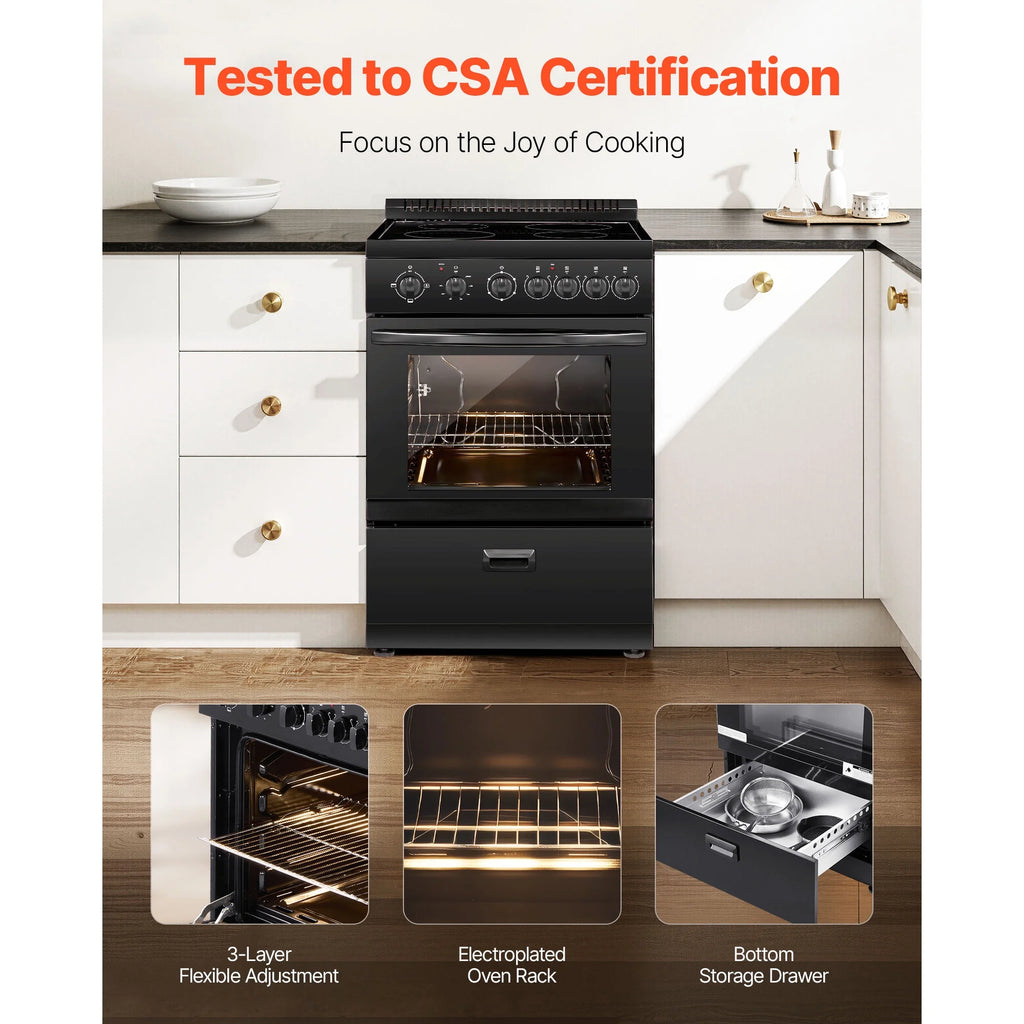 KFFKFF 24-inch Electric Range Oven, 2.7 Cu. Ft. Compact Freestanding Design, Stainless Steel Finish, Features 4 Burners, Adjustable Racks, Storage Drawer, Drip Pan, and Indicator Light, Black