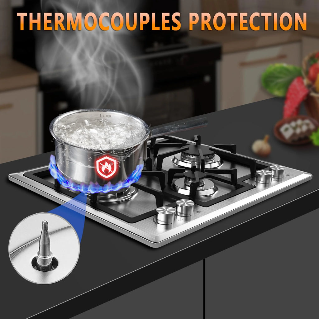 Gas Cooktop 23 inch, Adorer Bulit-in Gas Stove Top with 4 Burner, 23 Inch NG/LPG Convertible Cooktops, Four Burner Propane Cooktop with Thermocouple Protection, Stainless Steel