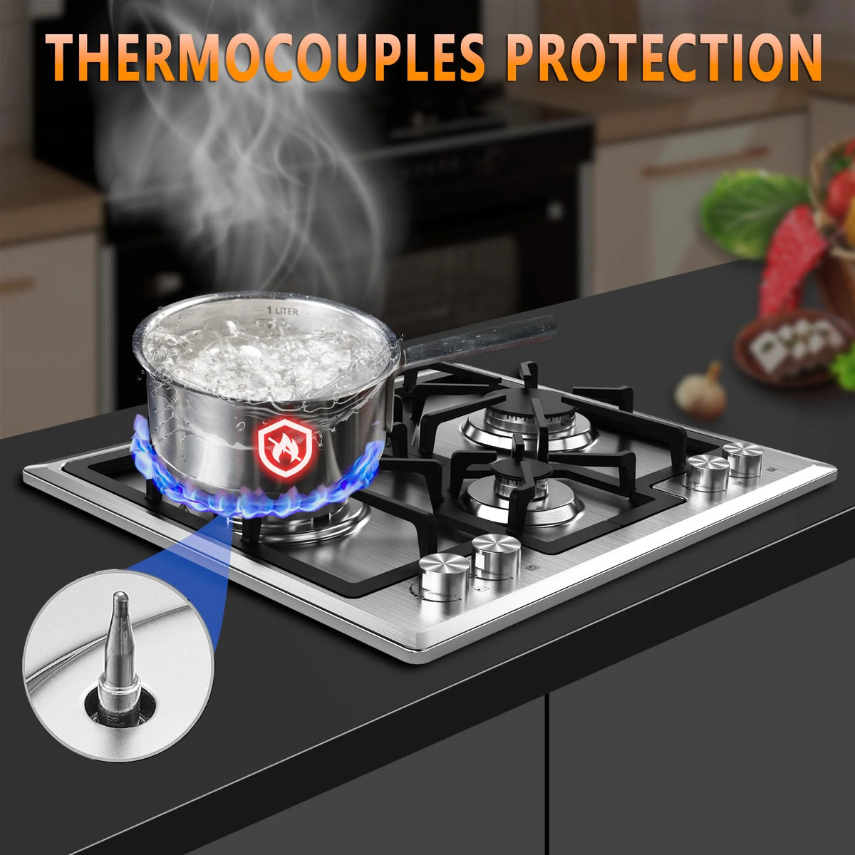 Gas Cooktop 23 inch, Adorer Bulit-in Gas Stove Top with 4 Burner, 23 Inch NG/LPG Convertible Cooktops, Four Burner Propane Cooktop with Thermocouple Protection, Stainless Steel