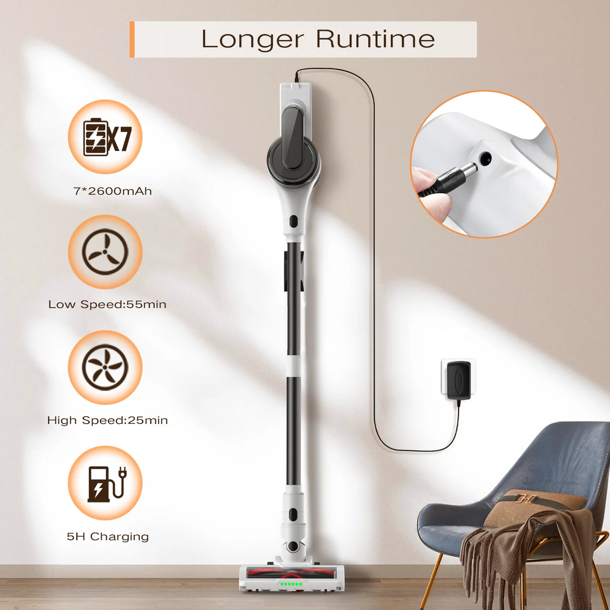 Cordless Vacuum Cleaner, 23kPa, Lightweight Stick Vacuum for Hard Floor, Carpet, Pet Hair, 55 Mins Runtime, Blue