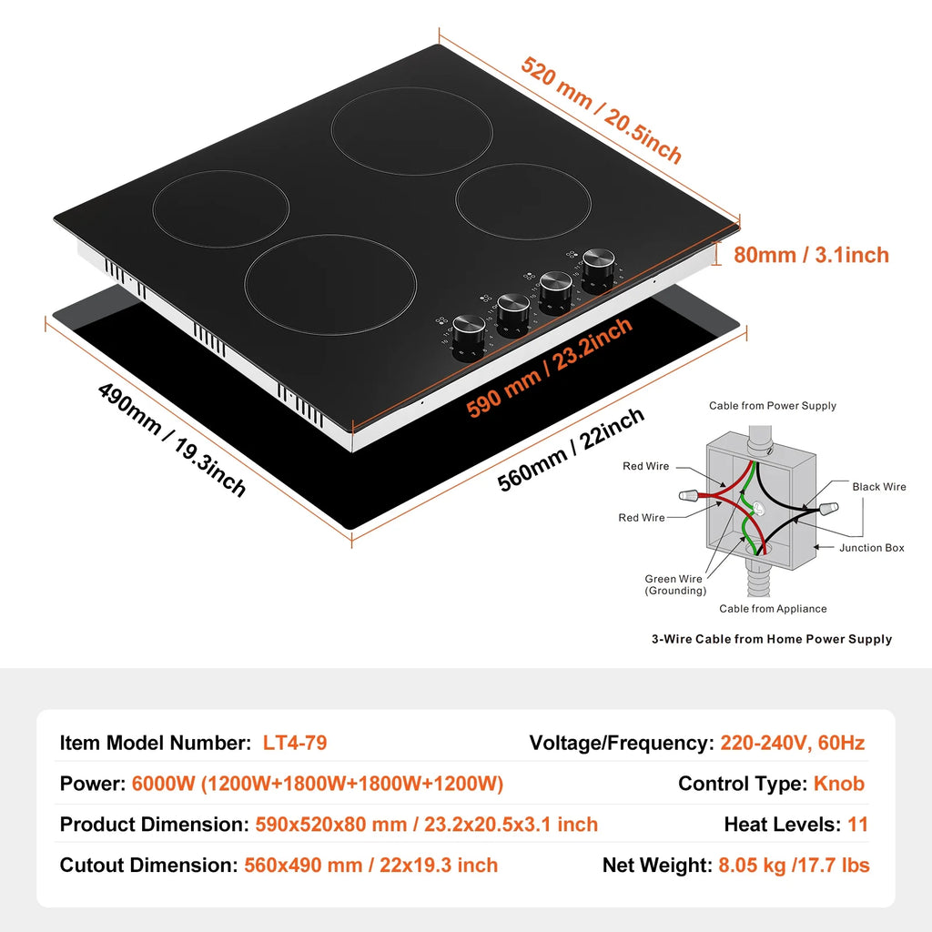 KFFKFF 24" Electric Cooktop, Electric Range, 4 Burner Built-in Ceramic Cooktop with 11 Power Levels, Knob Control, 6000W Ceramic Surface, Glass Panel, Dial Controls, 220-240V, Direct Wiring Required
