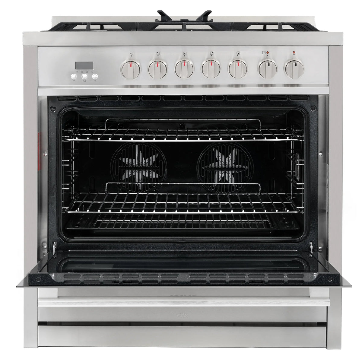 Cosmo 4 Piece Kitchen Appliance Package with 36" Freestanding Dual Fuel Range 36" Island Range Hood 24" Built-in Integrated Dishwasher & French Door Refrigerator Kitchen Appliance Bundles