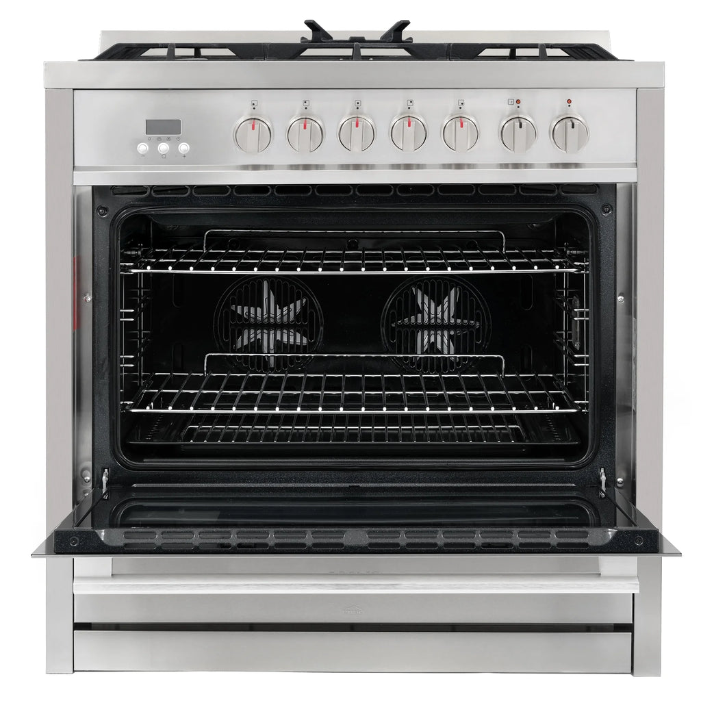 Cosmo 3 Piece Kitchen Appliance Packages with 36" Freestanding 220/240V Dual Fuel Range Kitchen Stove 24" Built-in Fully Integrated Dishwasher & French Door Refrigerator Kitchen Appliance Bundles