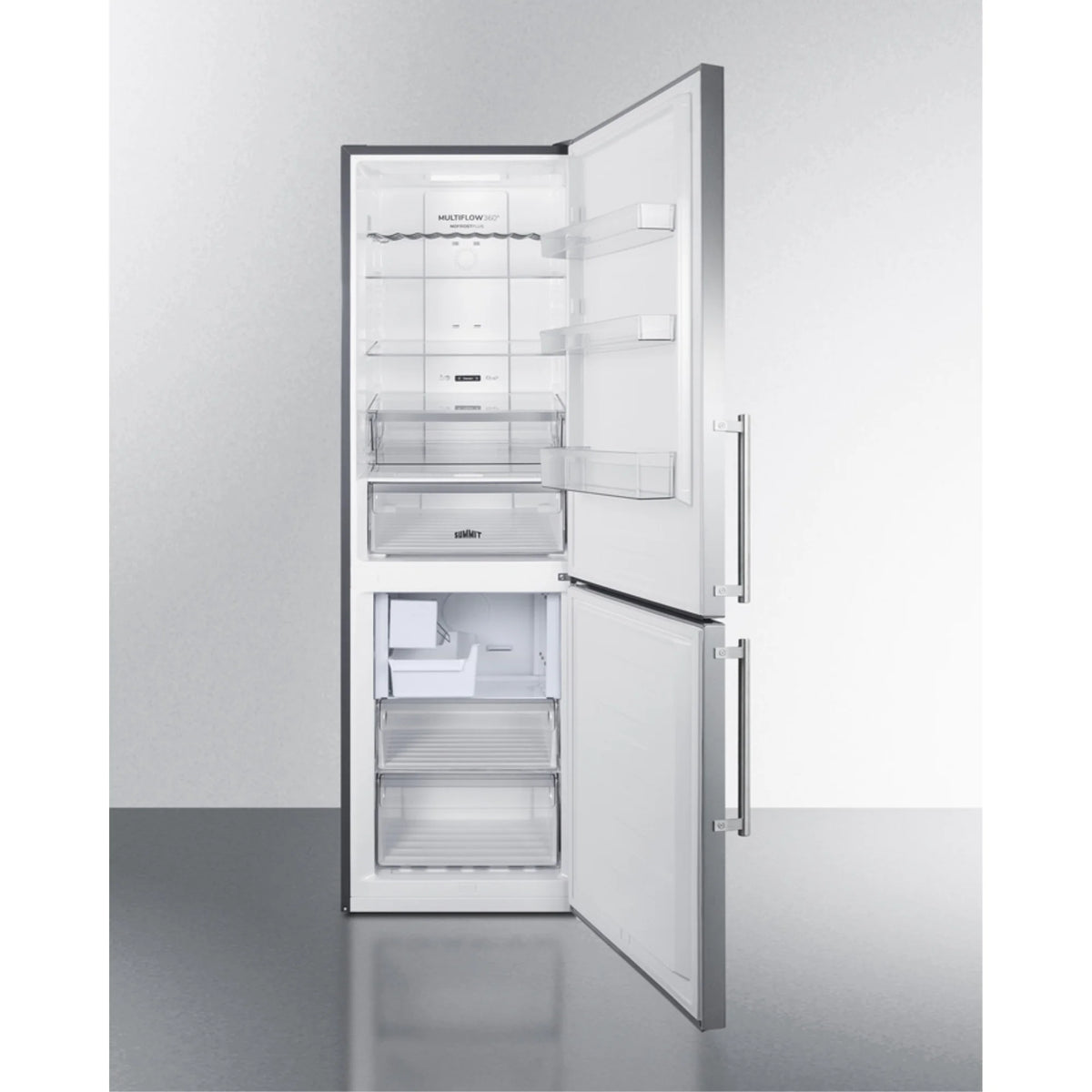 European counter depth bottom freezer refrigerator with stainless steel doors, platinum cabinet, factory installed icemaker, and digital controls for each section