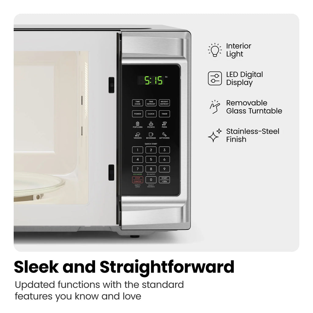 Chefman 0.9 Cu ft Countertop Microwave Oven, 900 Watts - Stainless Steel