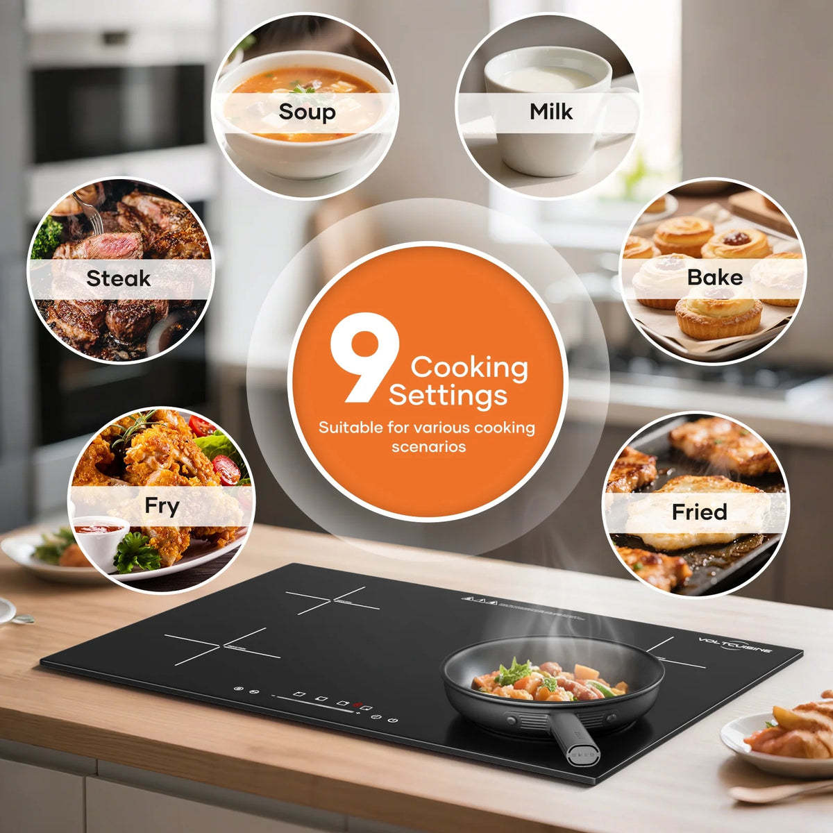 VoltCuisine Double/Dual Induction Cooktop 2 Burner, Shatter-proof Flat Glass Top, 9 Heat Settings, LED Touch Display with Child Safety Lock & Overheat Protection