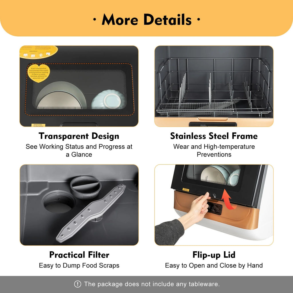 Non-Installation Compact Dishwasher, 4-6 Sets Capacity, 99.9% Sterilization, Black/White/Gold, 800W, for Home Use