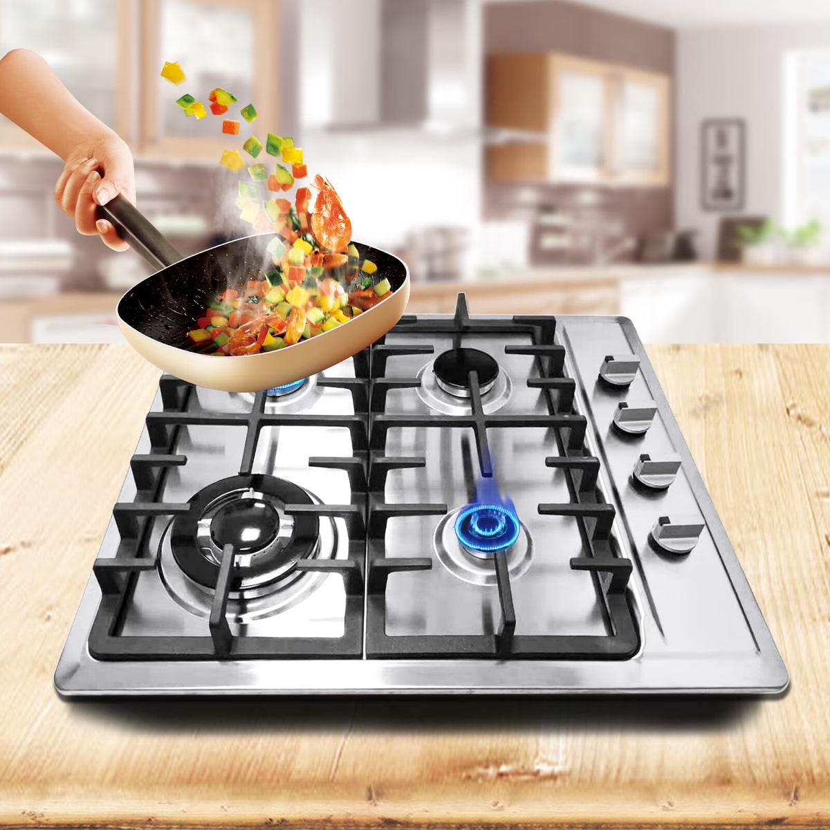 Stainless Steel 4-Burner Gas Stove, 3.0KW+1.75KW+1.0KW, Built-In Cooktop with Rotary Switch for Homes, Restaurants