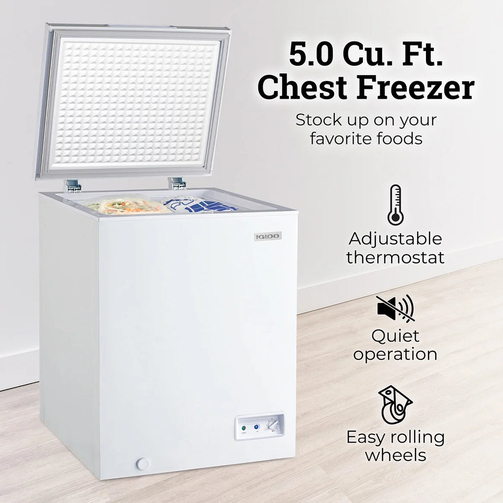 Igloo 5.0 Cu. Ft. Chest Freezer With Removable Basket, Free-Standing Door Temperature Ranges From-10?�� to 10?�� F, Front Defrost Water Drain, Perfect for Homes, Garages, Basements, RVs, White