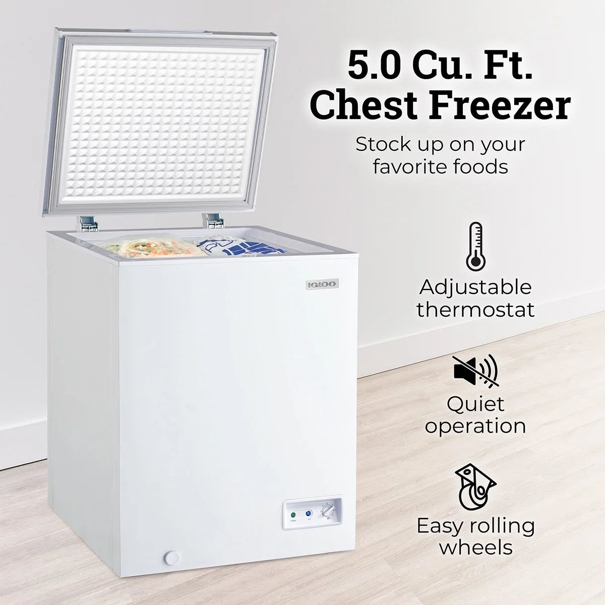 Igloo 5.0 Cu. Ft. Chest Freezer With Removable Basket, Free-Standing Door Temperature Ranges From-10?�� to 10?�� F, Front Defrost Water Drain, Perfect for Homes, Garages, Basements, RVs, White