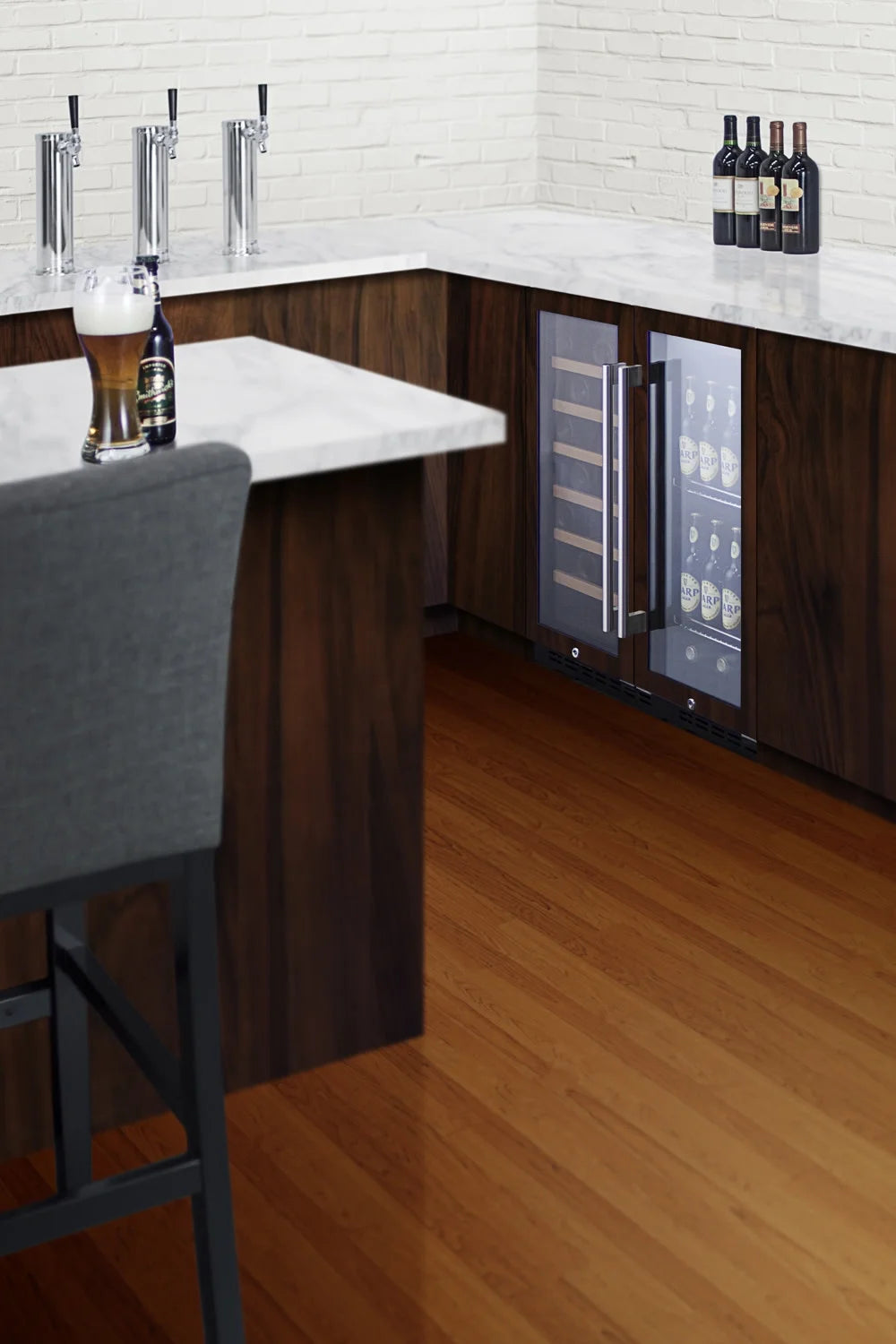 Summit Appliance SCR114LWP1 Compact Beverage Center with Wooden Glass Door Trim