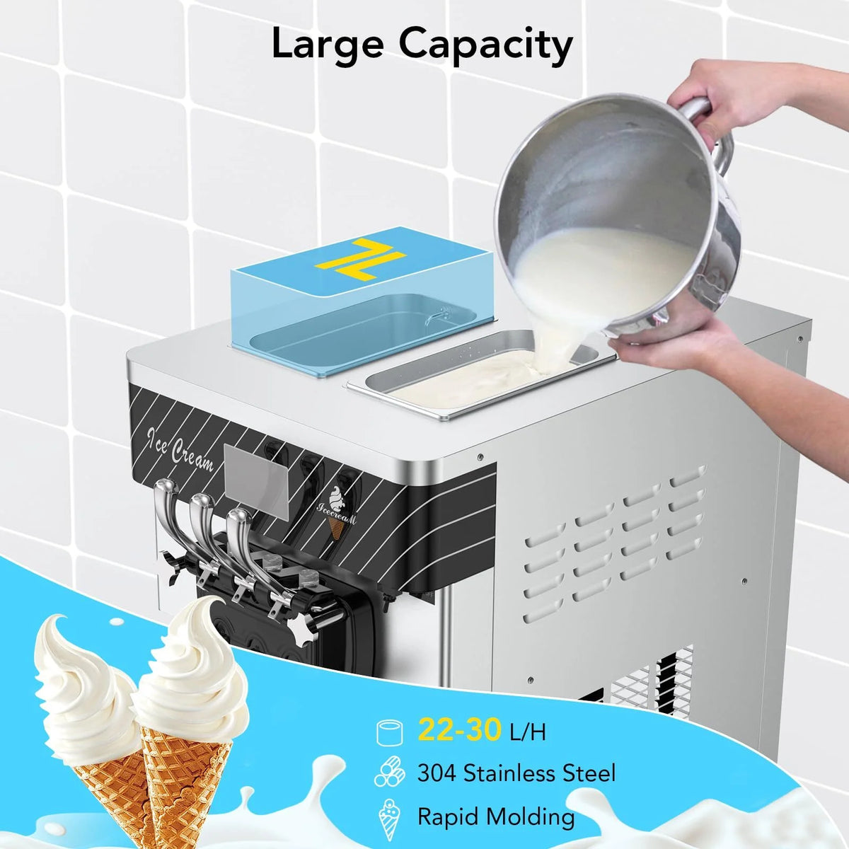 Entcook 3 Flavors Commercial Ice Cream Maker, 5.8-8 Gal/H Countertop Soft Serve Ice Cream Yogurt Machine with LCD Display