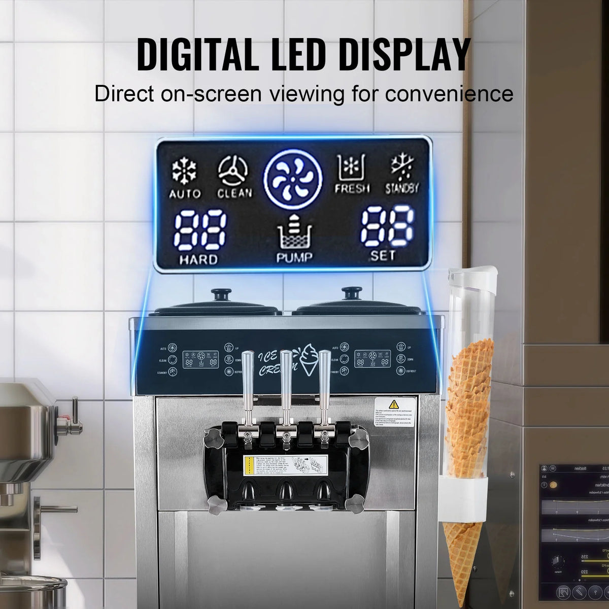 KFFKFF Soft Serve Ice Cream Machine for Commercial Use, 34-44 L/H Production, 3400W, Triple Flavor, Freestanding Design, Dual 9L Stainless Hoppers, LED Control for Single Cylinder