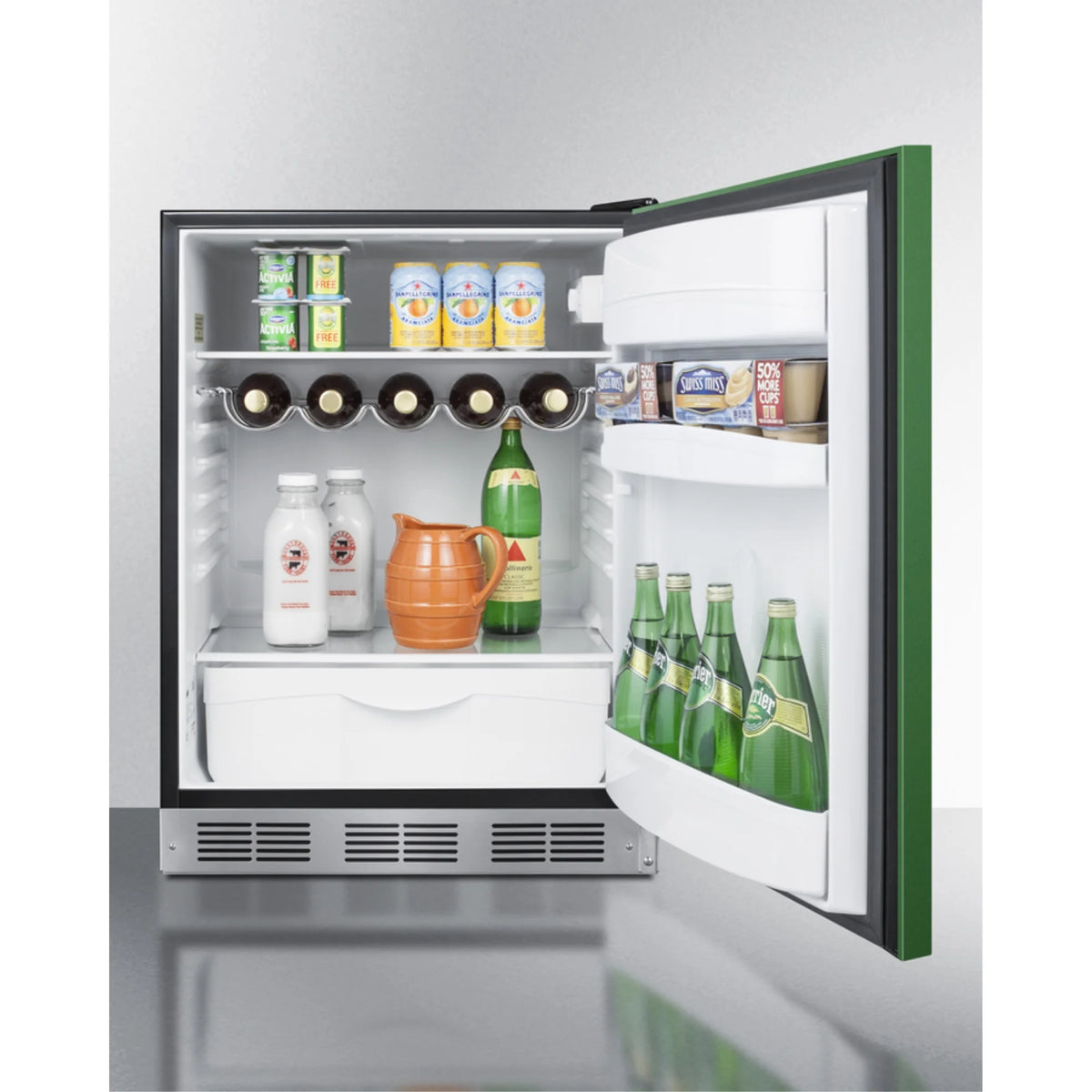 Undercounter 24" all-refrigerator for residential use with lavender purple door, stainless steel handle, and black cabinet