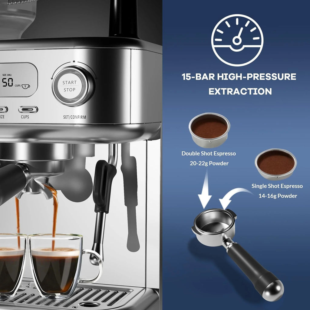 Espresso Machine with Built-in Grinder,Italian ULKA 15 Bar Espresso Machine - 85oz Water Tank, Dual PID Control, Milk Frother & Auto-Cleaning for Perfect Lattes and Cappuccinos