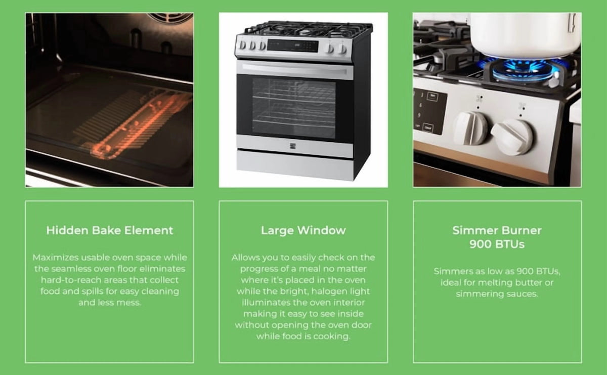 Kenmore 5.6 Cu. Ft. Front-Control 5 Burner Gas Range with Oven, Storage Drawer, Large Window, Dishwasher Safe Cast Iron Grates