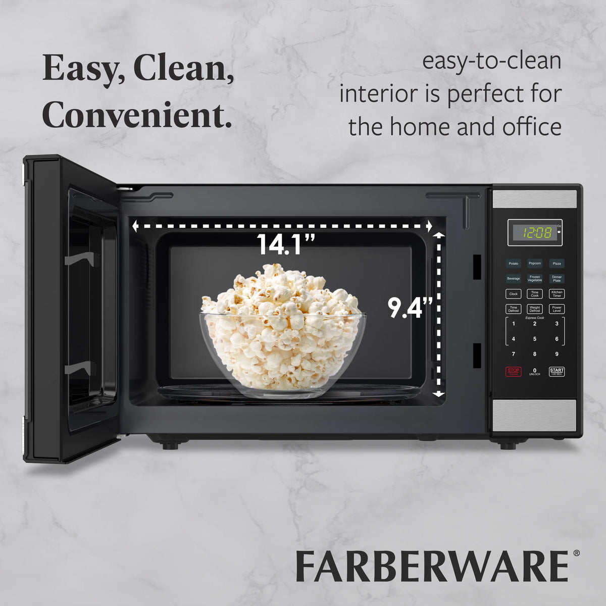 Farberware FMGZ09BKA 0.9 Cu. Ft. Microwave Oven, 900W, Digital Control, LED Display, 6 Cooking Presets, Black