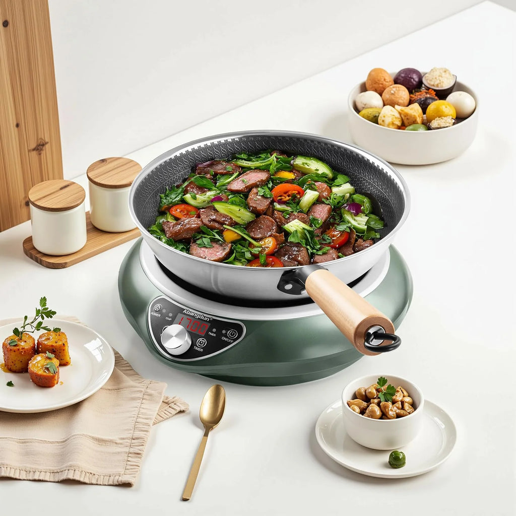 Induction Cooktop 1700W 85V~120V Wok Pan (included) Portable Electric Stove 18 Hours Timer 16 Level Temp&Power Ctrl Cookware Appliances Skillet Plates