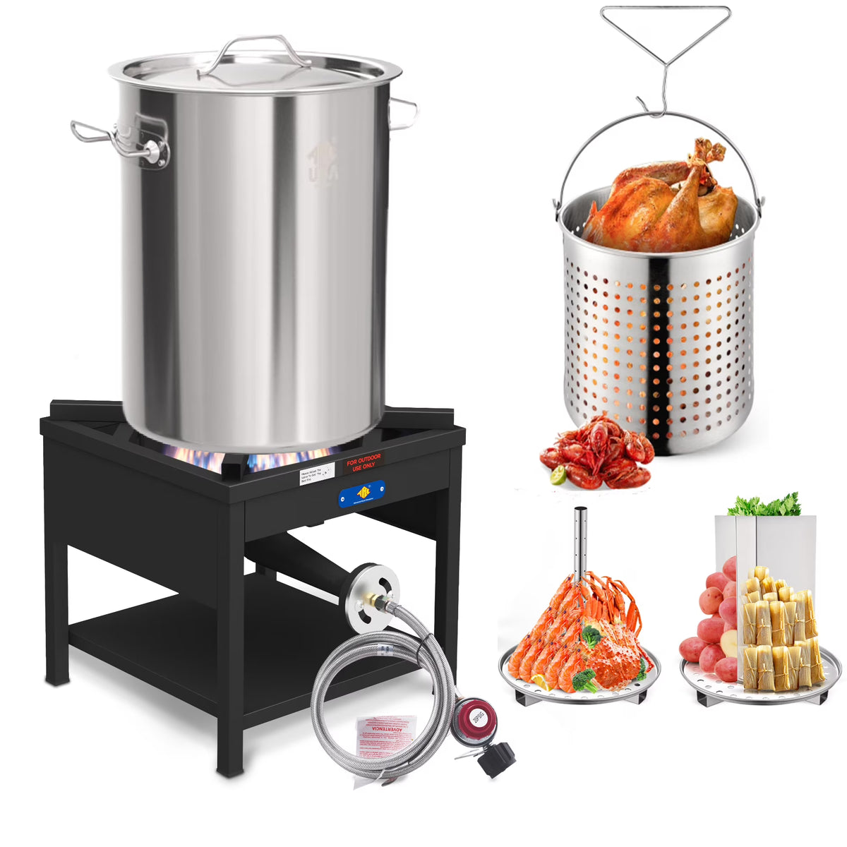 64QT Stainless Steel Pot with 200,000BTU Propane Fryer, Seafood Boil Pot, Crab Boil Pot, Lobster Pot, Shrimp Boil Pot, Tamale Steamer Pot with Basket and Turkey Fryer Burner