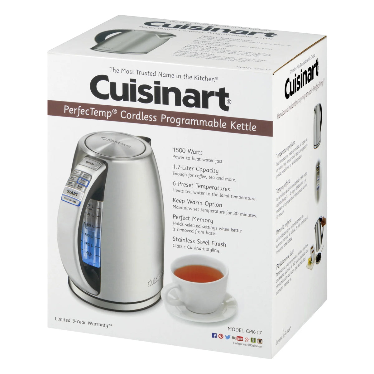 Cuisinart PerfectTemp Cordless Electric Kettle Brushed Stainless Steel (CPK-17) with 1 YR CPS Enhanced Protection Pack