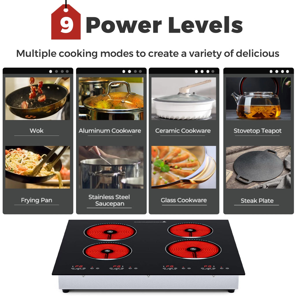 Advwin  4 Burner Electric Stove Top��24 Inch Built-in Electric Stove Top,6000W Electric Ceramic Cooktop with 4H Timer, Kid Safety Lock and Knob Control, 9 Heating Level,220v(No Plug)