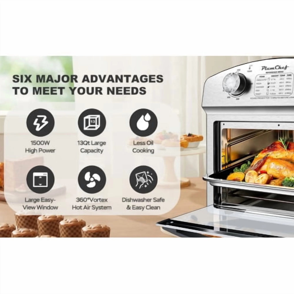 12.5 Quart 7-in-1 Convection Toaster Oven, 1500W, Stainless Steel, with 5 Pre-Set Menus �C Roast, Bake, Grill, Broil, Toast, Dehydrate & Defrost, Silver