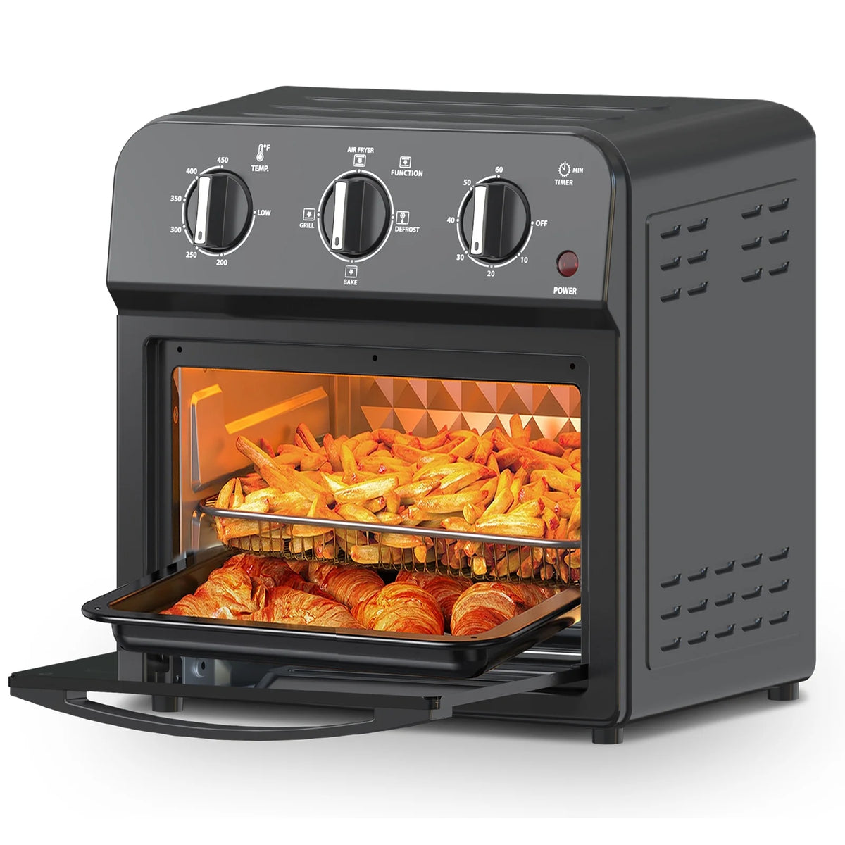 Plum Chef 13QT Air Fryer Toaster Oven Combo, 7-in-1 Multifunctional Countertop Oven with 360�� Hot Air Circulation for Healthy Oil-Free Cooking, Family Size, Stainless Steel, Silver