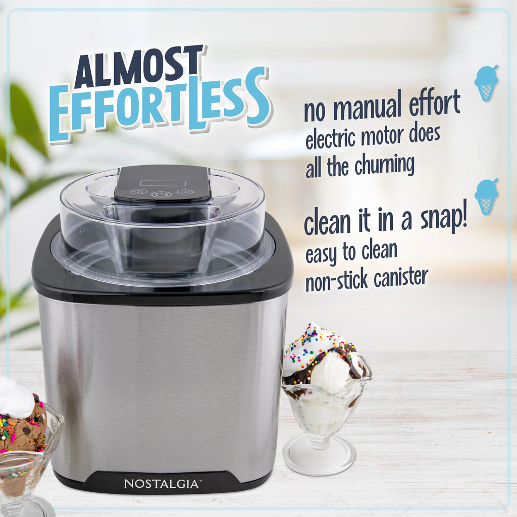 Nostalgia 2-Quart Electric Ice Cream Maker �C Make Homemade Ice Cream, Gelato, Sorbet & Frozen Yogurt �C No Salt/Ice Needed, Digital Controls, Mix-In Chute & Freezing Gel Canister �C Stainless Steel