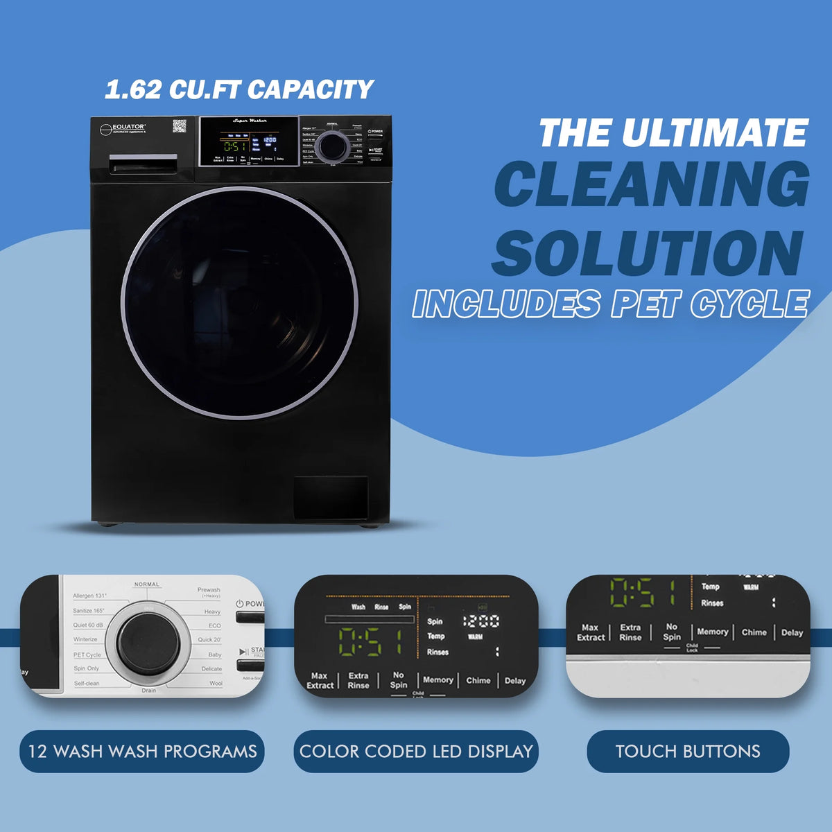 Equator 1.6 cu.ft./15 lbs Black 110V Front load Washer 15 programs + Pet Cycle
