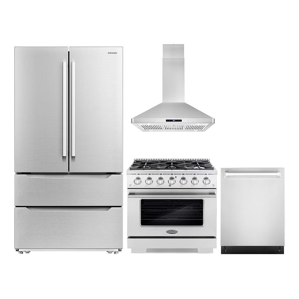 Cosmo 4 Piece Kitchen Appliance Package with 36" Freestanding Dual Fuel Range 36" Island Range Hood 24" Built-in Integrated Dishwasher & French Door Refrigerator Kitchen Appliance Bundles