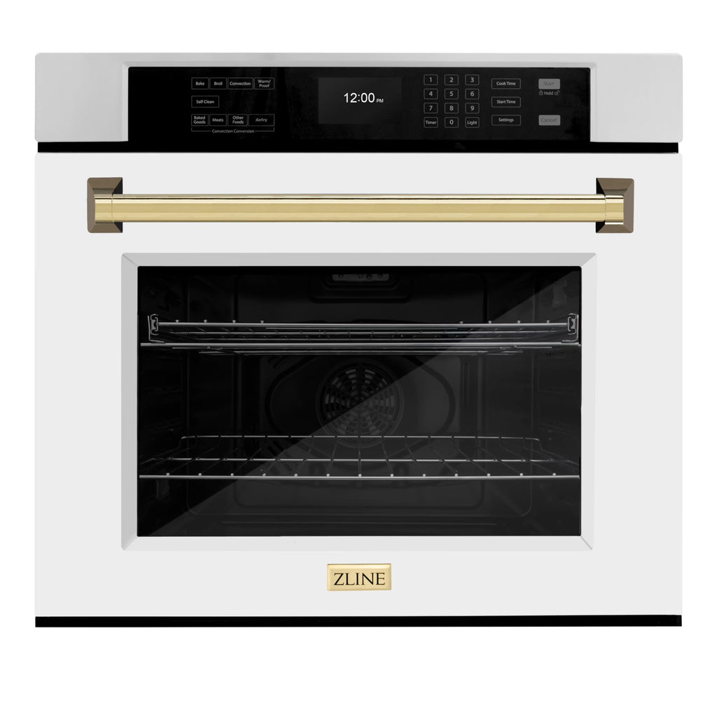 ZLINE 30 in. Autograph Edition Professional Convection Single Wall Oven with Air Fry and Self Clean in Stainless Steel with White Matte Door and Polished Gold Handle (WASZ-WM-30-G)