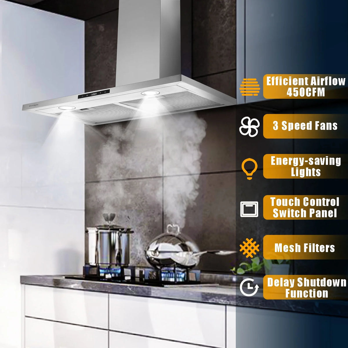 "Joeaonz 30"" Wall Mount Range Hood 450CFM Stainless Steel Kitchen Exhaust Vent with 3-Speed Filters, LED Lights"