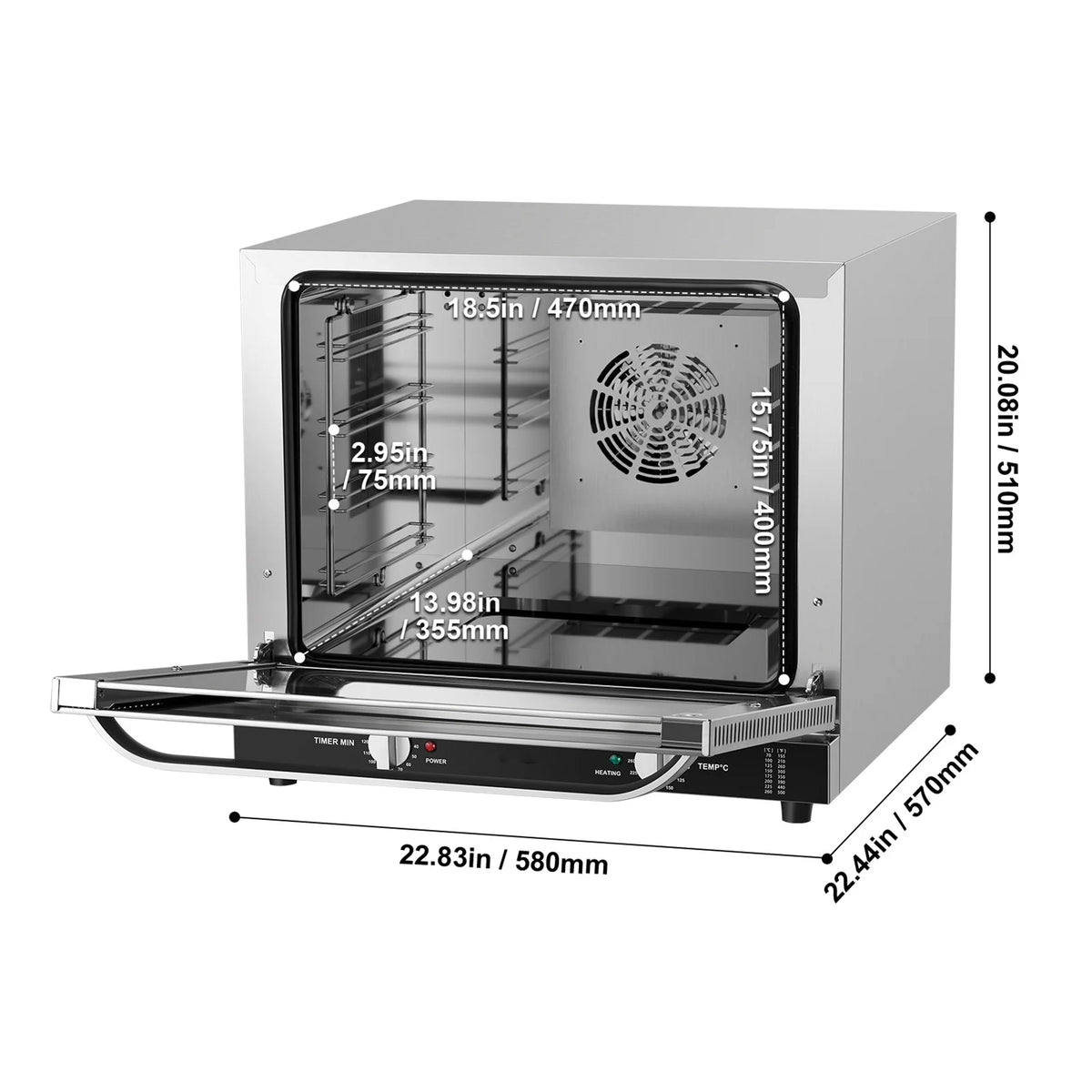 KFFKFF Professional Counter-Top Oven, 66L 4-Level Roasting Oven, 2800W Electrical Cooking Oven with Reinforced Glass Door, Wire Shelves, Clip Tray, Gloves, Stainless Steel Industrial Oven