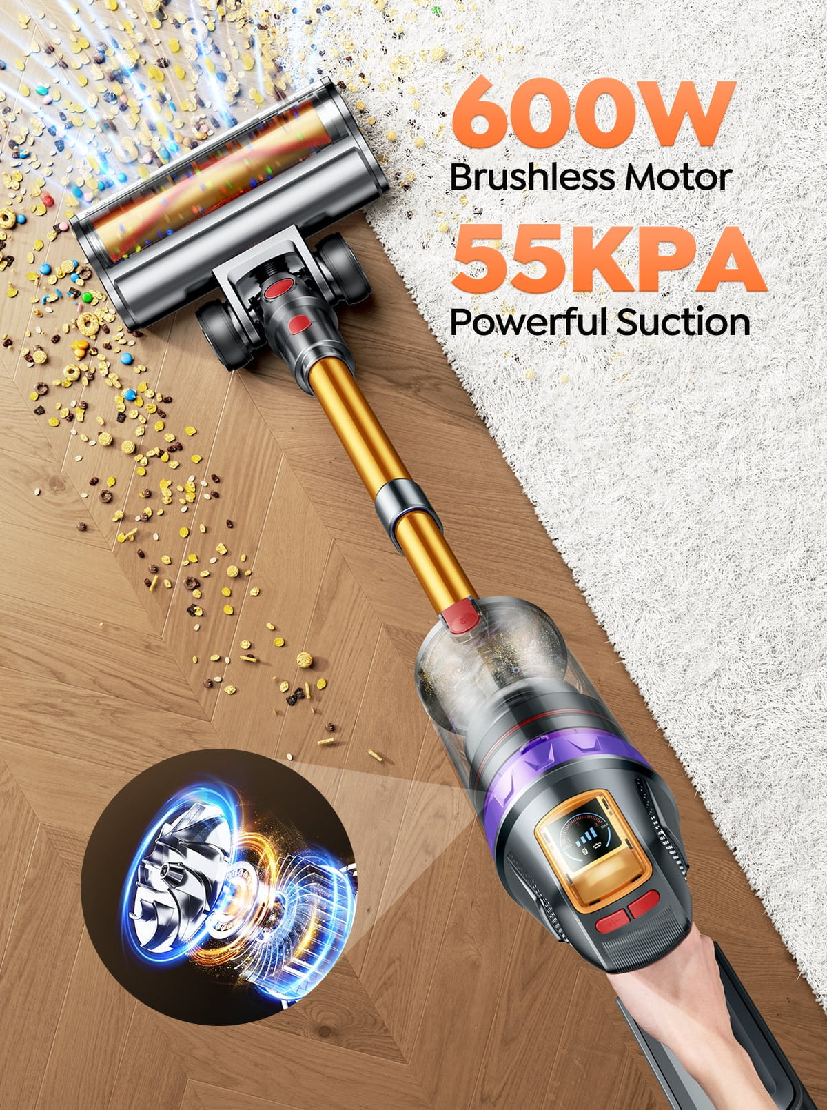 Buture VC90 Cordless Stick Vacuum Cleaner with Mattress Mite Removal Brush, 55KPA Strong Suction for Carpet Hardwood Floor