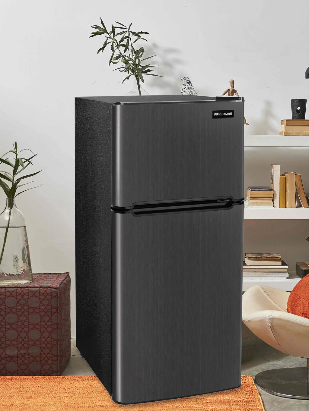 FRIGIDAIRE 4.5 Cu Ft, 2 Door Refrigerator With Freezer Capacity 1.35 Cu Ft, Manual Defrost Black Stainless Steel
