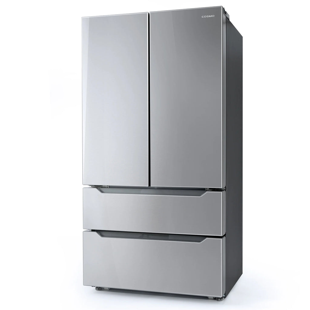 Cosmo 4 Piece Kitchen Appliance Packages with 36" Freestanding 220/240V Dual Fuel Range 36" Island Range Hood 24" Built-in Integrated Dishwasher & French Door Refrigerator Kitchen Appliance Bundles
