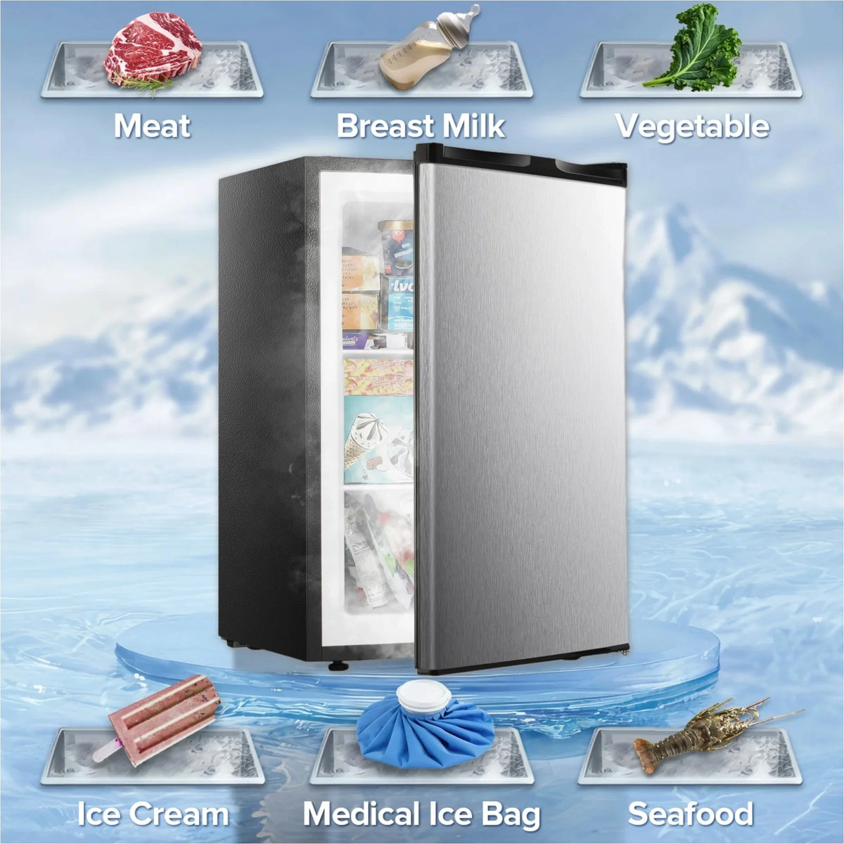 Auseo 3 Cu.ft Single Door Freezer, Compact Mini Freezer with Reversible Door for Kitchen, Apartment, Basement, Dorm, Black
