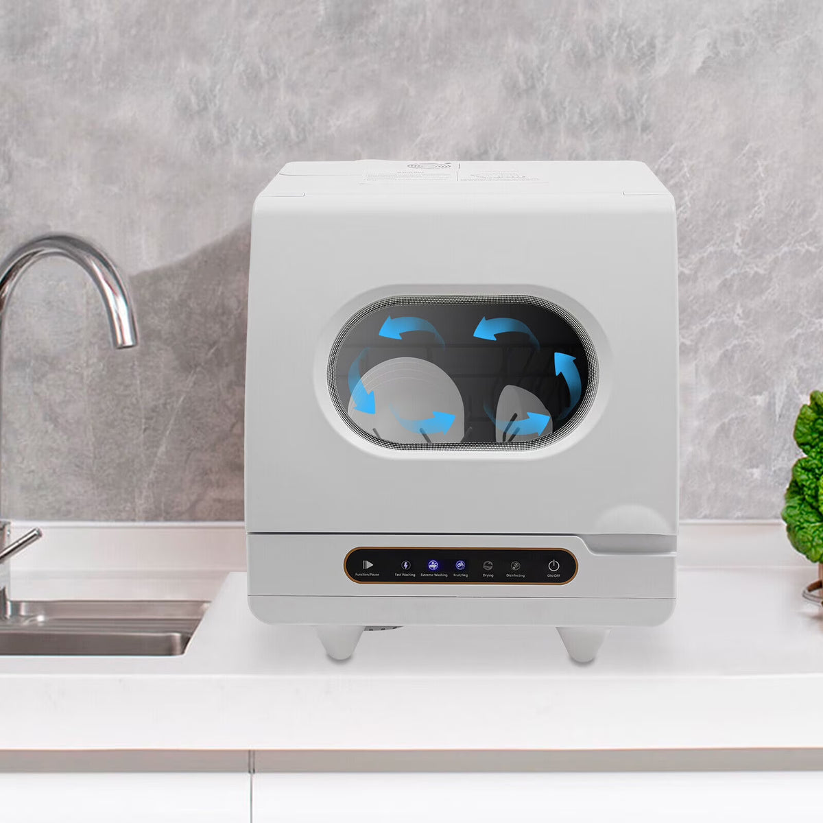 1200W Portable White Countertop Dishwasher Compact Dishwasher 5 Washing Programs