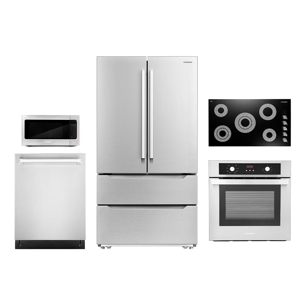 Cosmo 5 Piece Kitchen Appliance Package With 36" Electric Cooktop 24" Single Electric Wall Oven 17.3" Countertop Microwave French Door Refrigerator & 24" Built-in Fully Integrated Dishwasher