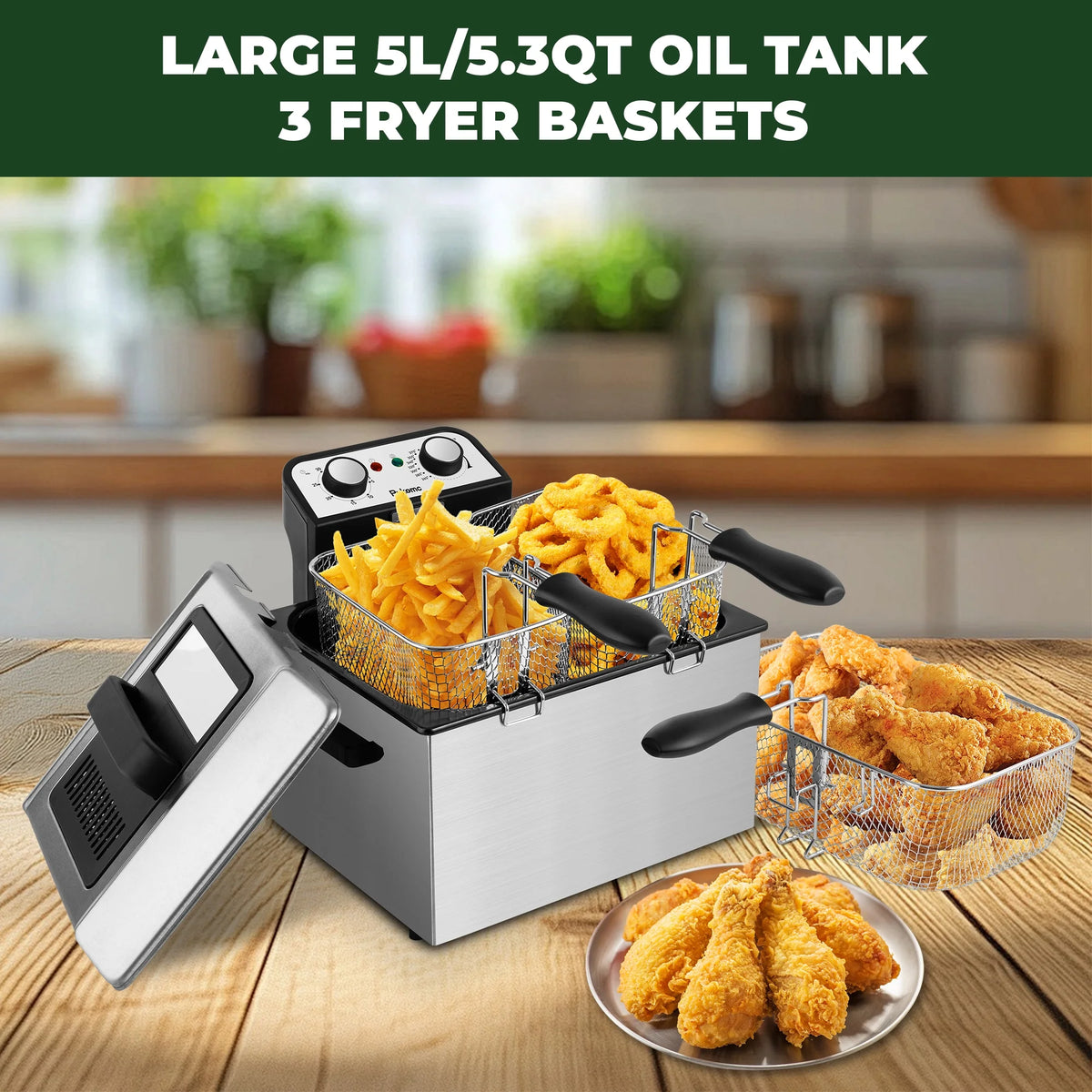 SUSTEAS 5.3 Qt Electric Deep Fryer with 3-Baskets for Home, 1800W, Timer & Temp Control, Stainless Steel & Black