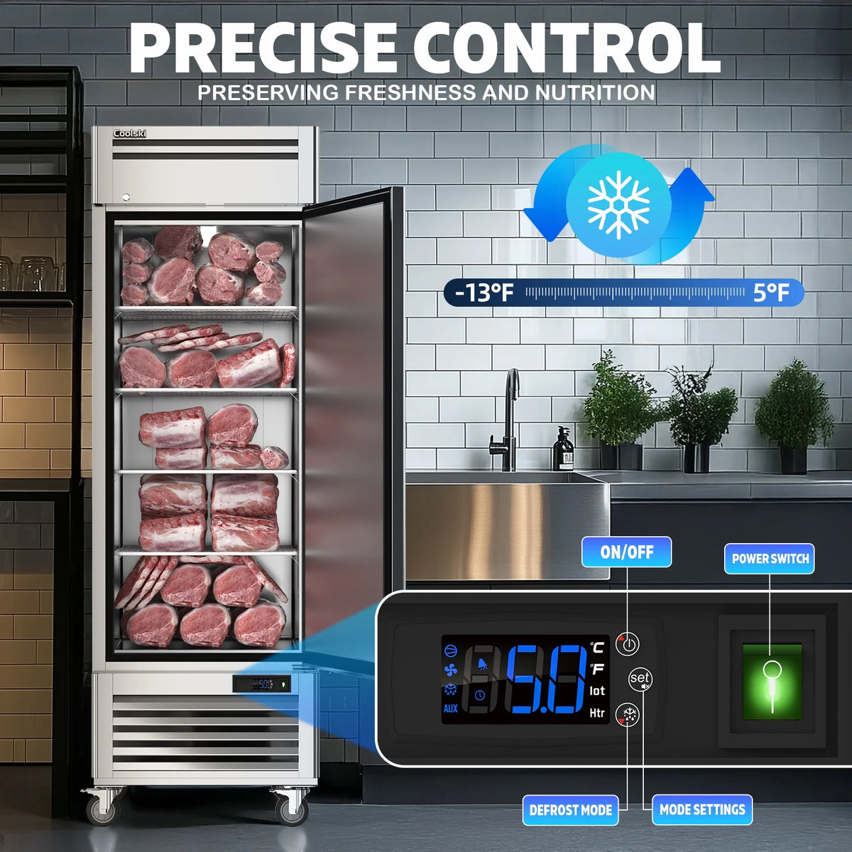 "COOLSKI 27"" W Commercial Freezer, 19.32 Cu.ft Single Solid Door Stainless Steel Storage Freezer"